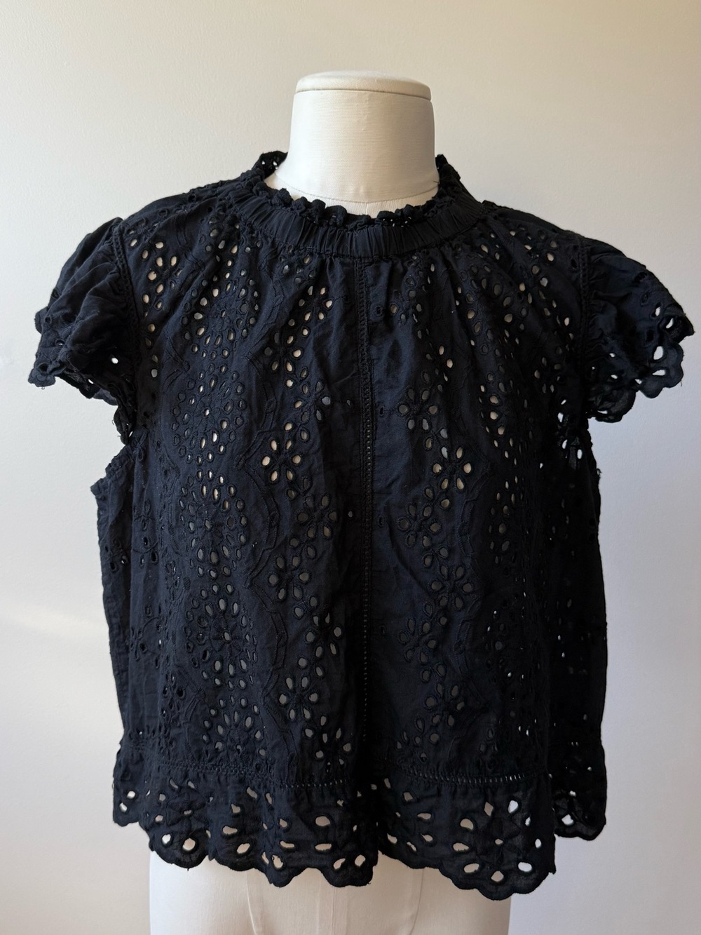 Black Eyelet Smocked-Neck Short Sleeve Blouse